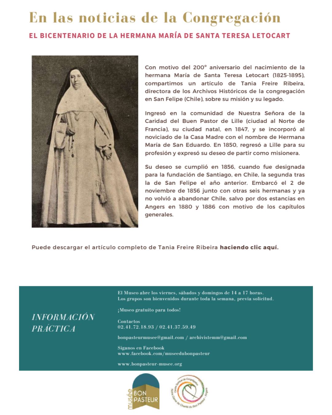 Fundación Buen Pastor Aporta a Nueva publicación en Boletín N° 12 Museo Buen Pastor de la Casa Madre en Angers 